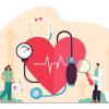 Tiny cardiology doctor and nurse examining heart, blood pressure, prescribing treatment. Medical cardiovascular checkup flat vector illustration. Anatomy, hospital, heart diseases, health care concept